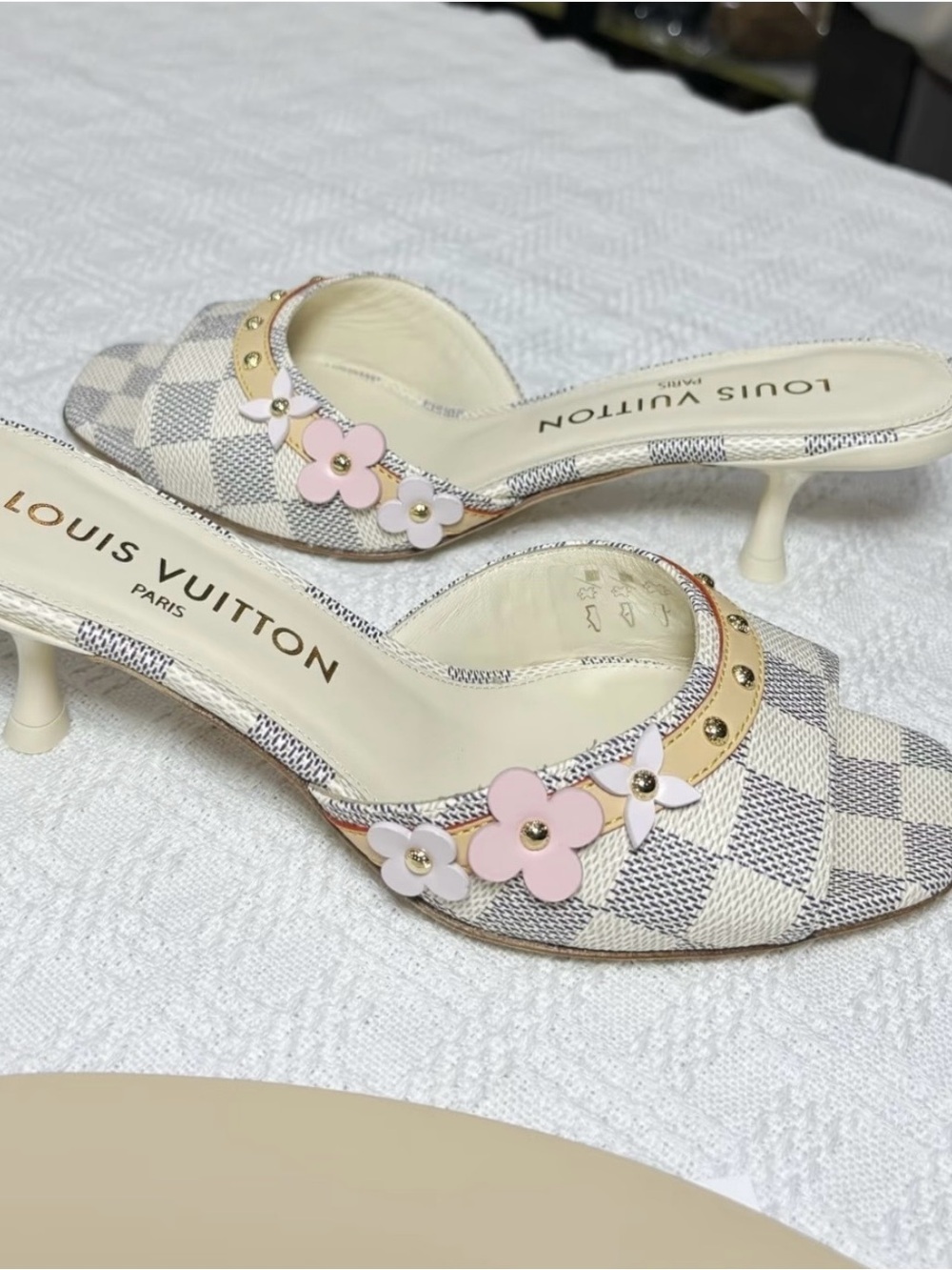 Louis Vuitton Cream & Pink Check Floral Kitten Heel Mules